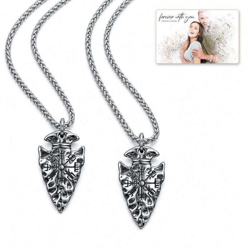 Aegis North Nordic Arrowhead Necklace shown during a believable gift-giving moment between adults with the exact jewelry visible.
