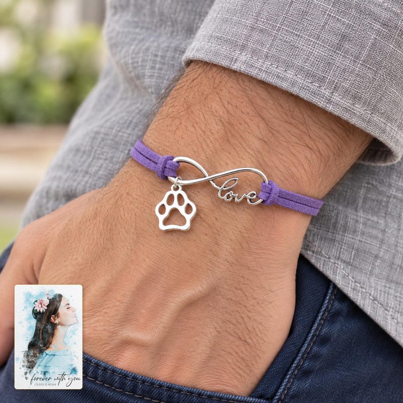 Infinity Love Paw Bracelet, worn with daytime clothing. A sample personalized digital greeting card is shown alongside.