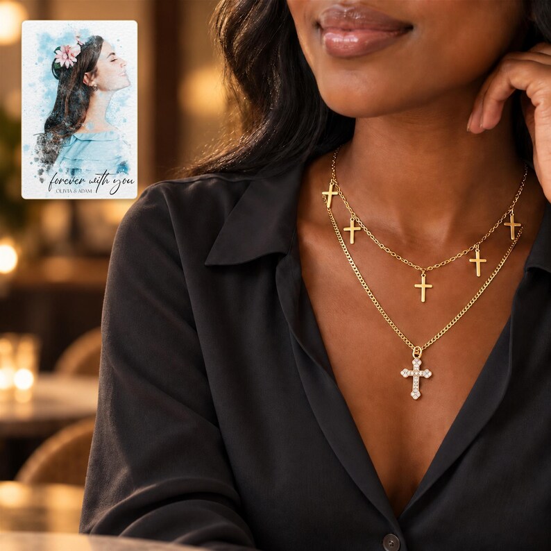 Golden Faith Layered Cross Necklace worn by an adult in a polished evening lifestyle scene. A personalized digital greeting card is shown alongside.