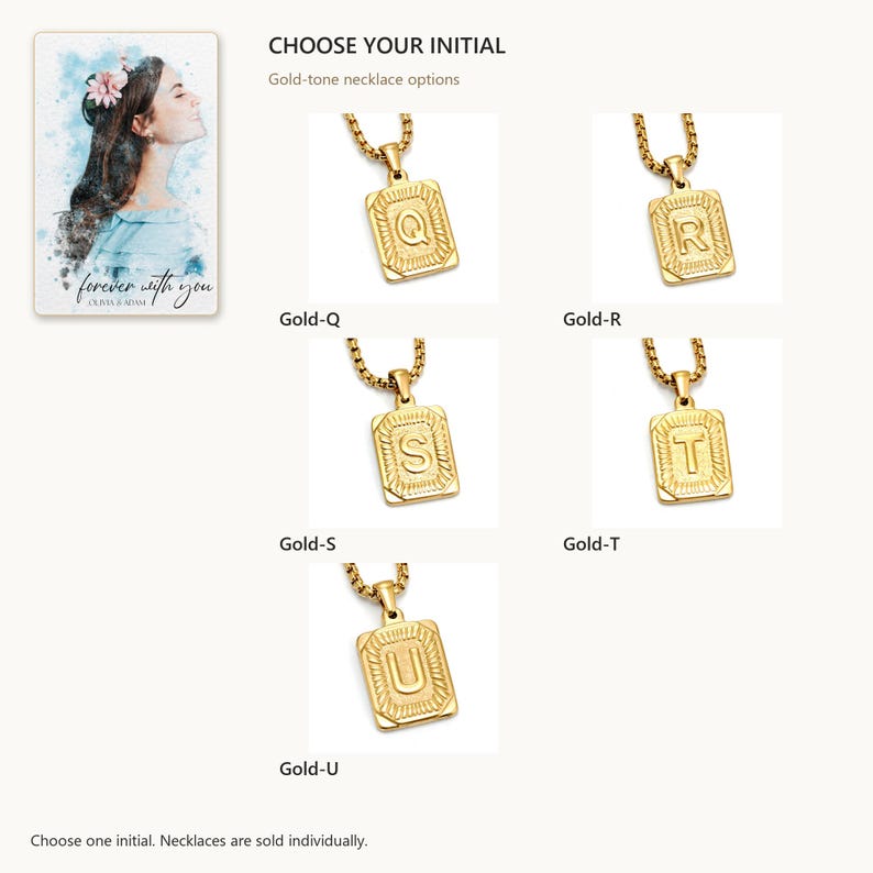 Available options. Initial Letter Necklace. A personalized digital greeting card is shown. Select the pictured option when ordering.