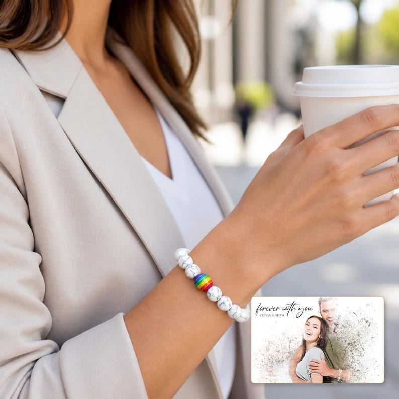 Spectrum bead Pride Bracelet Collection worn by an adult in a natural daytime lifestyle scene.
