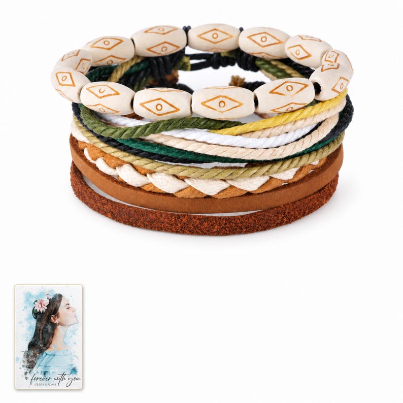 Layered Woven Bracelet, shown against a light background. A sample personalized digital greeting card is shown alongside.
