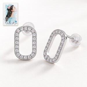 Rounded Rectangle Stud Earrings, shown against a light background. A sample personalized digital greeting card is shown alongside.