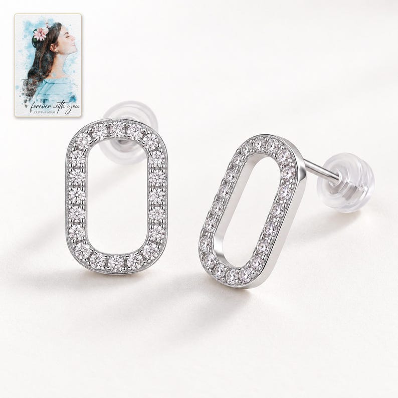 Rounded Rectangle Stud Earrings, shown against a light background. A sample personalized digital greeting card is shown alongside.