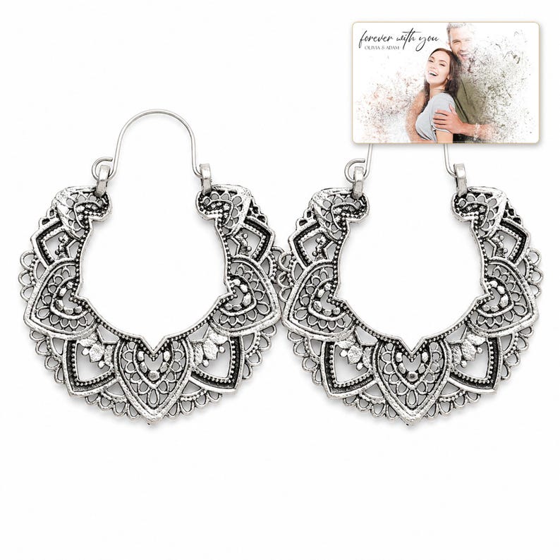 Antique Lace Boho Hoops shown during a believable gift-giving moment between adults with the exact jewelry visible.