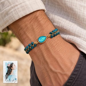 Blue Teardrop Cord Bracelet, worn with daytime clothing. A sample personalized digital greeting card is shown alongside.
