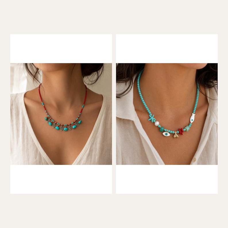 Halsband med turkosa och röda pärlor, guldfärgade bohemiska smycken 2 piece set