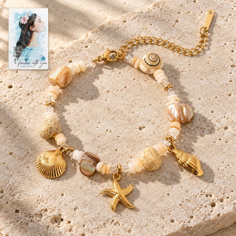 Shell Charm Bracelet, shown in natural light. A sample personalized digital greeting card is shown alongside.