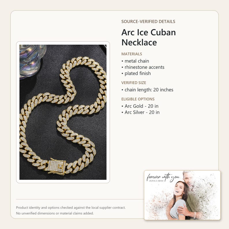 May include: An Arc Ice Cuban necklace featuring a gold-toned metal chain with a plated finish and rhinestone accents. The chain length is 20 inches. The necklace includes a rectangular box clasp closure and is displayed on a dark background.