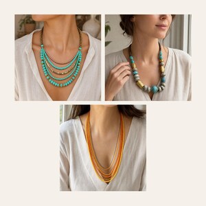 May include: A collection of three necklaces: one multi-strand turquoise and gold bead necklace, one single-strand necklace with large grey, turquoise, and gold beads, and one multi-strand orange and yellow bead necklace, all worn with a white shirt.