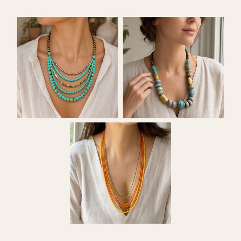 May include: A collection of three necklaces: one multi-strand turquoise and gold bead necklace, one single-strand necklace with large grey, turquoise, and gold beads, and one multi-strand orange and yellow bead necklace, all worn with a white shirt.