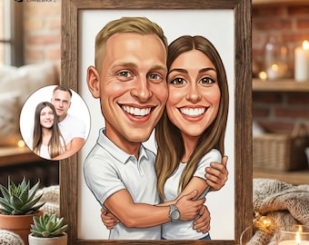 May include: A framed caricature portrait of a smiling couple, embracing. The artwork features exaggerated facial features and is set in a rustic wooden frame. A smaller inset image shows the couple in a photograph. The background includes plants and candles.