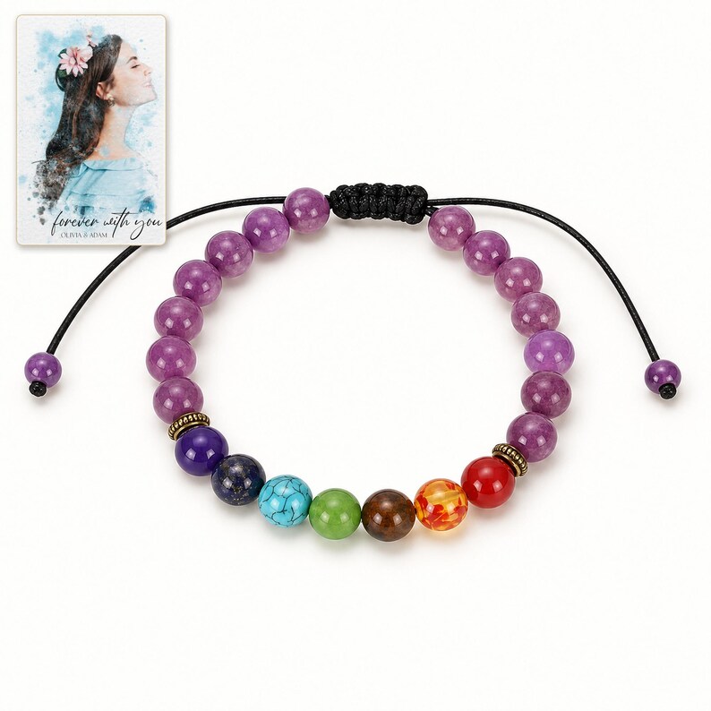 Violet Spectrum Cord Bracelet shown on a clean white catalog background for an unobstructed product view. A personalized digital greeting card is shown alongside.