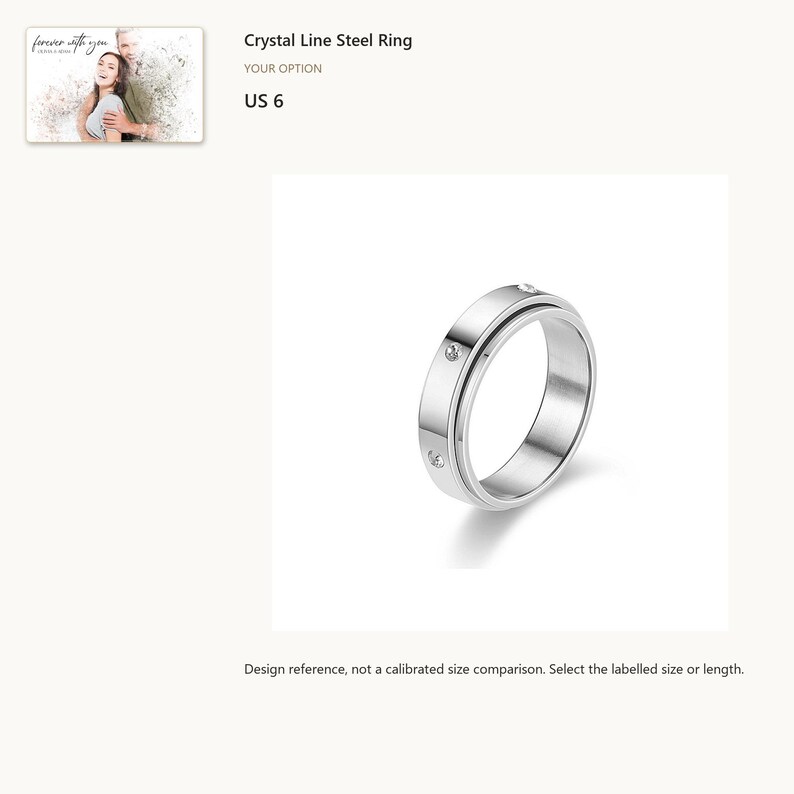 US 6. Silver Tone Stainless Steel Crystal Band. A personalized digital greeting card is shown. Select the pictured option when ordering.