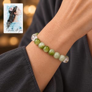 Forest Dew Bead Bracelet worn by an adult in a polished evening lifestyle scene. A personalized digital greeting card is shown alongside.