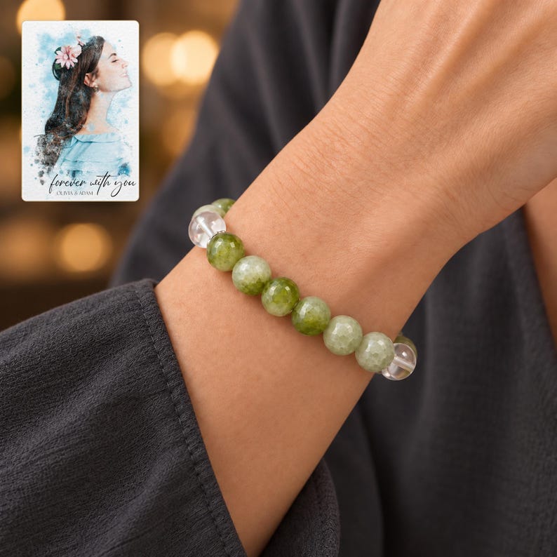 Forest Dew Bead Bracelet worn by an adult in a polished evening lifestyle scene. A personalized digital greeting card is shown alongside.