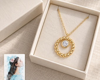Moissanite Circle Necklace, Personalised Gold Tone Sterling Silver Beaded Halo Pendant