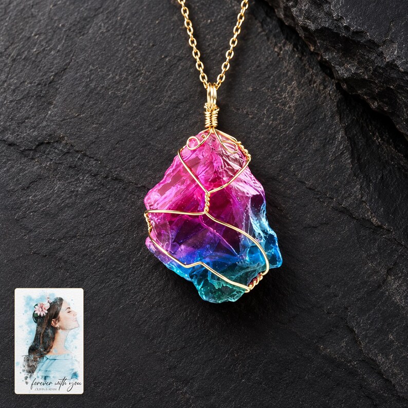 Rainbow Stone Necklace, shown against a dark background. A sample personalized digital greeting card is shown alongside.