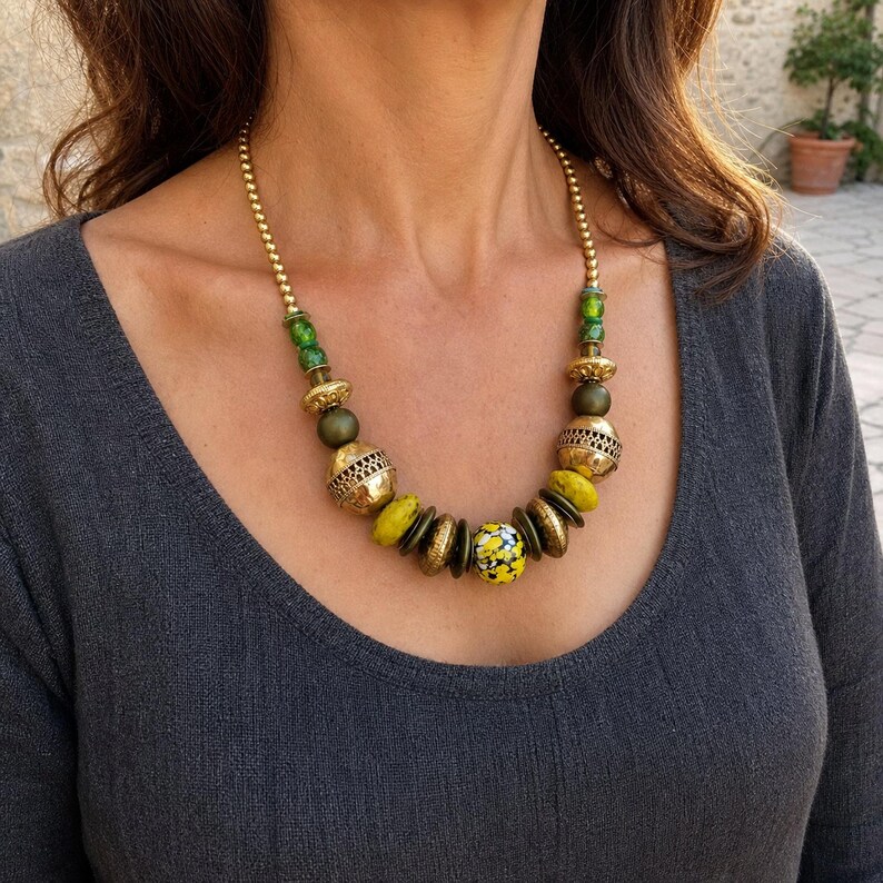 Three-piece handmade necklace set featuring gray and brown beaded necklace, gray and brown beaded necklace and brown and gray beaded necklace, displayed together to show the coordinated colors and beadwork