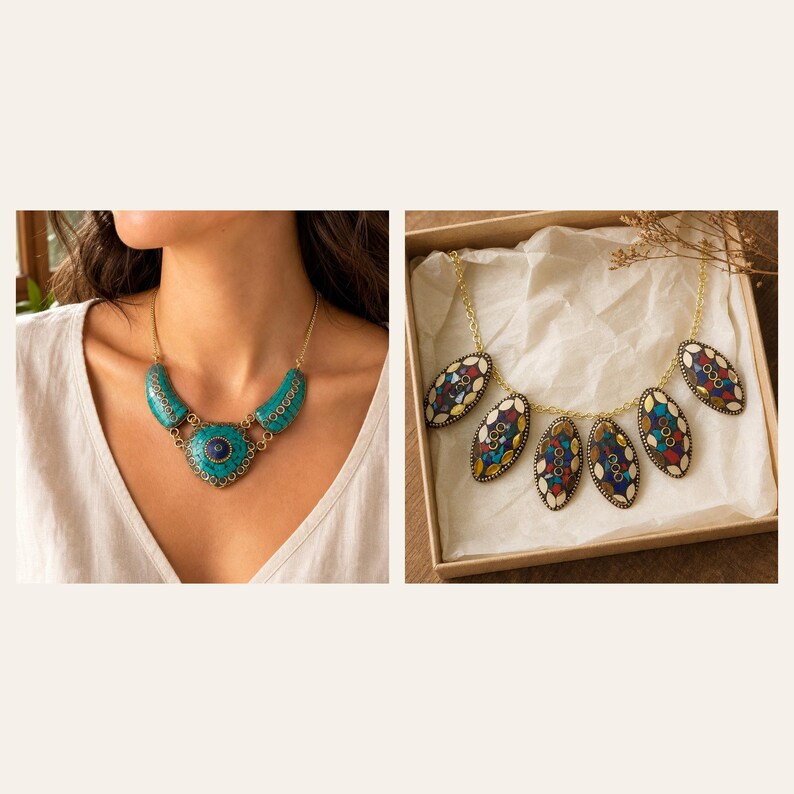 May include: A gold-tone necklace featuring a central turquoise-colored crescent and triangular pendant with intricate mosaic inlay, alongside a second gold-tone necklace with five oval pendants containing multi-colored mosaic stone inlays.