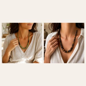 May include: Two beaded necklaces shown side by side. The left necklace features round green beads with a section of black beads. The right necklace consists of round brown and gold tiger eye beads that vary in size, arranged in a graduated pattern.