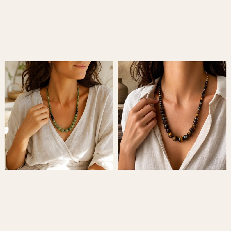 May include: Two beaded necklaces shown side by side. The left necklace features round green beads with a section of black beads. The right necklace consists of round brown and gold tiger eye beads that vary in size, arranged in a graduated pattern.