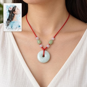 Peace Circle Green Cord Necklace worn by an adult model for styling and everyday styling. A personalized digital greeting card is shown alongside.