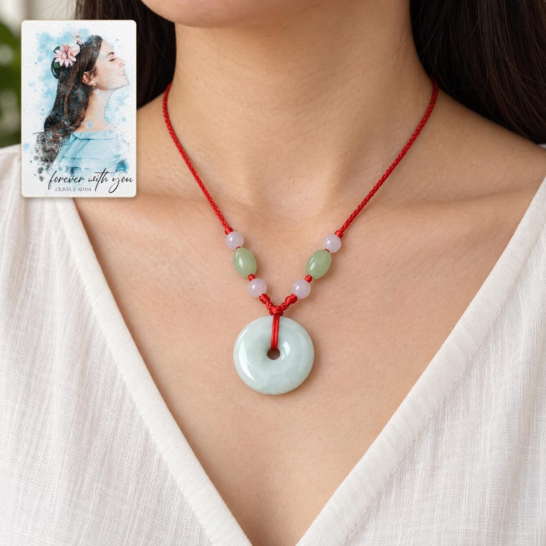 Peace Circle Green Cord Necklace worn by an adult model for styling and everyday styling. A personalized digital greeting card is shown alongside.