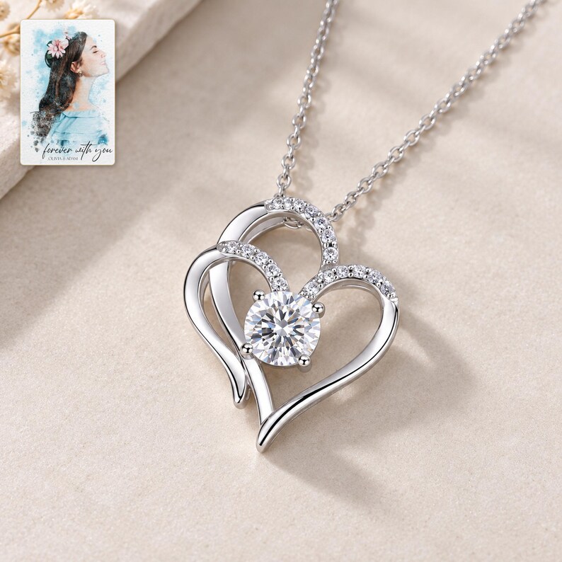Double Heart Pendant Necklace, close-up of the details. A sample personalized digital greeting card is shown alongside.