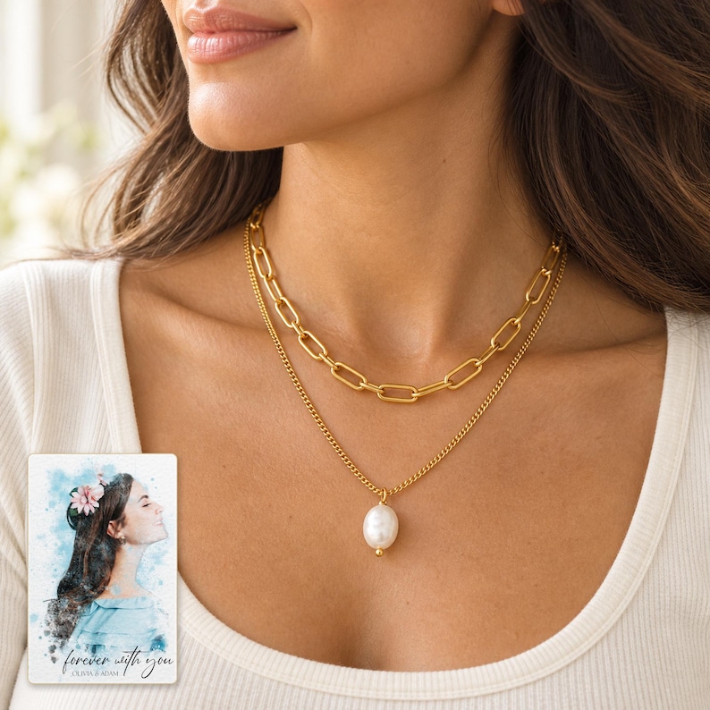Kona pearl style Layers Necklace worn by an adult model for styling and everyday styling. A personalized digital greeting card is shown alongside.