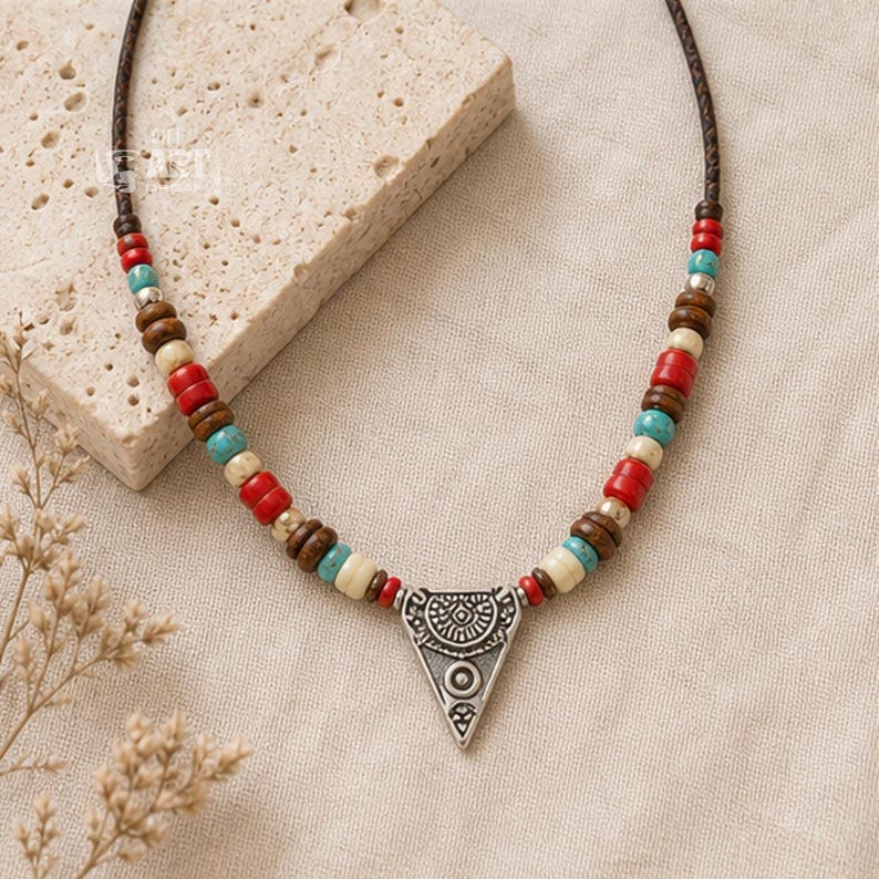 Gift box and close-up detail photo of multicolor beaded silver tone triangle pendant necklace for handmade jewelry gifting