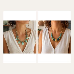 May include: A multi-strand necklace featuring turquoise-colored half-circle pendants, small brown beads, and metallic accents, alongside a single-strand necklace with alternating turquoise-colored beads and gold-toned metallic spacers.