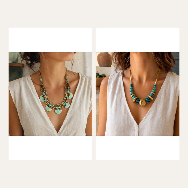 May include: A multi-strand necklace featuring turquoise-colored half-circle pendants, small brown beads, and metallic accents, alongside a single-strand necklace with alternating turquoise-colored beads and gold-toned metallic spacers.