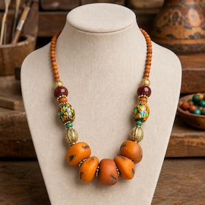 Orange and Brown Statement Beaded Necklace shown individually as a coordinating option for the mix and match necklace set