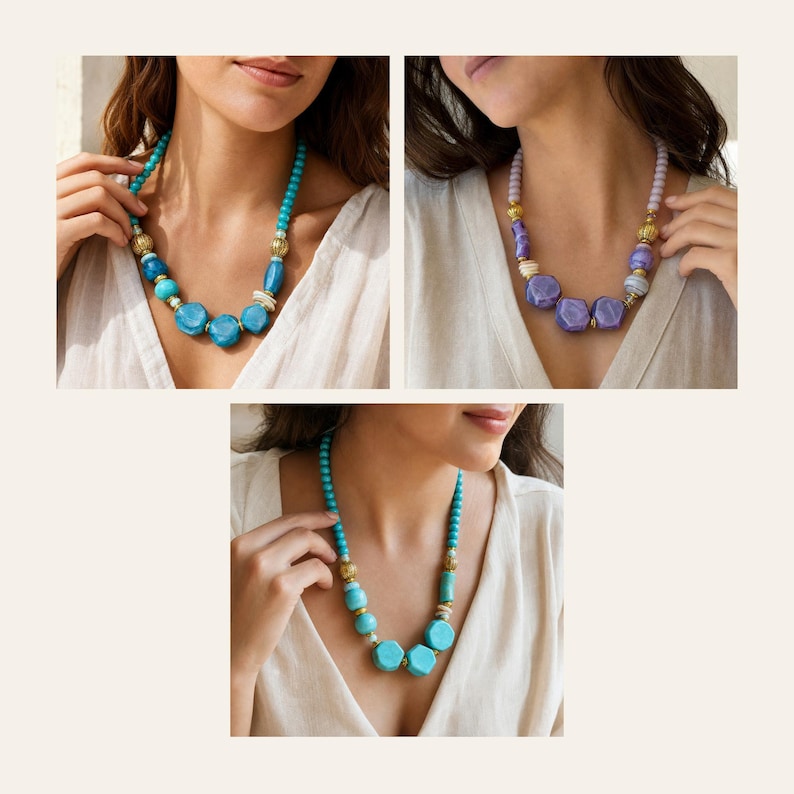 May include: A beaded necklace featuring a mix of round turquoise beads, larger faceted turquoise-colored stones, and small gold-toned spacers. The design includes a central arrangement of geometric shapes and smooth spheres in varying shades of blue.