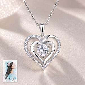 Double Heart Moissanite Necklace, close-up of the details. A sample personalized digital greeting card is shown alongside.