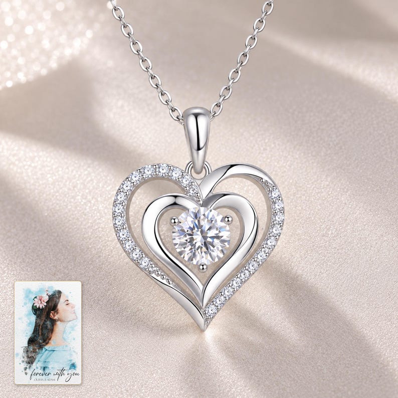 Double Heart Moissanite Necklace, close-up of the details. A sample personalized digital greeting card is shown alongside.