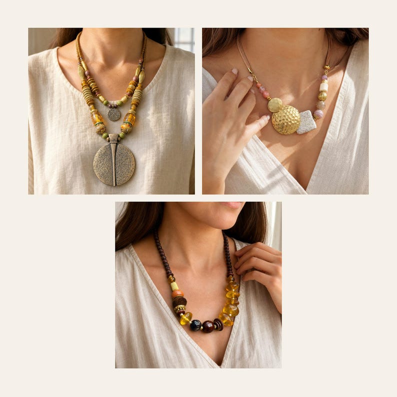 May include: Three necklaces featuring varied bead designs. The first has amber-toned beads and a large circular pendant. The second displays gold-toned hammered discs and light-colored beads. The third features dark brown, amber, and yellow beads.