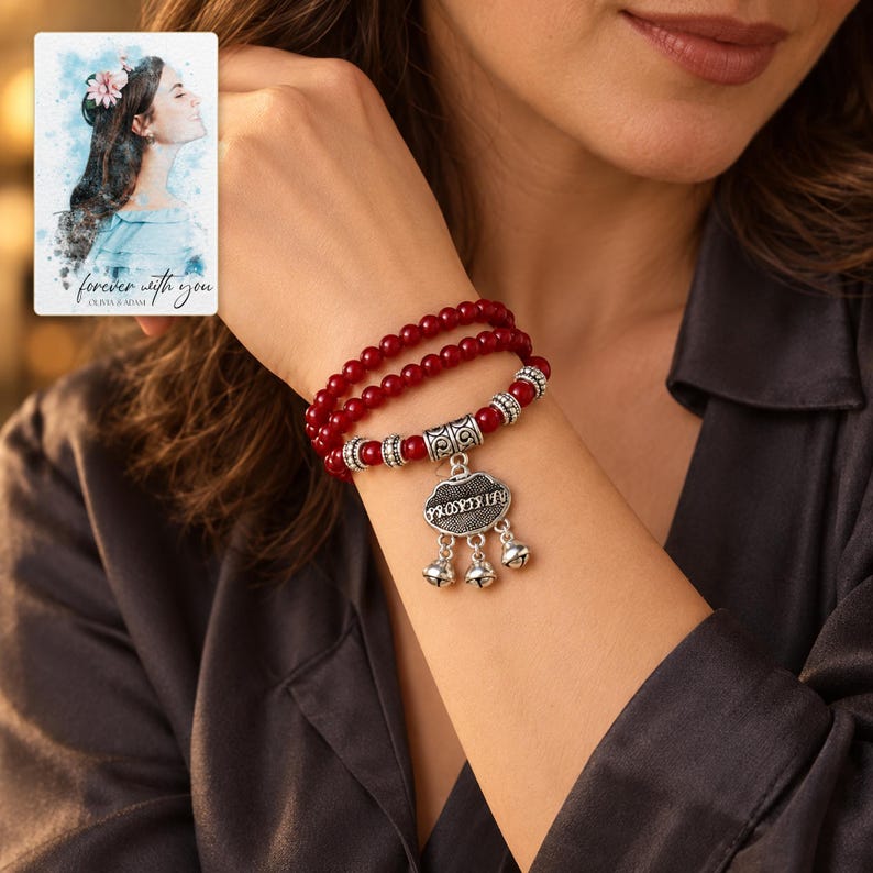 Crimson Agate style Charm Wrap Bracelet worn by an adult in a polished evening lifestyle scene. A personalized digital greeting card is shown alongside.