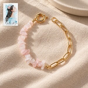 Pink Chip Bead Bracelet, linen flatlay view. A personalized digital greeting card is shown alongside.