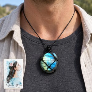 Labradorite Pendant Necklace, human lifestyle view. A personalized digital greeting card is shown alongside.