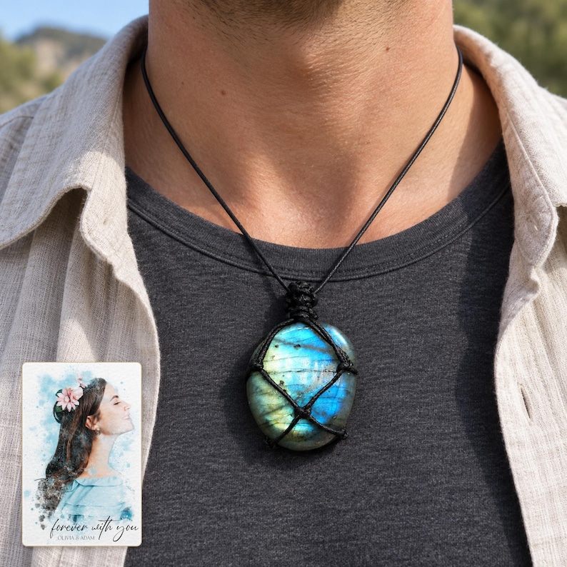 Labradorite Pendant Necklace, human lifestyle view. A personalized digital greeting card is shown alongside.