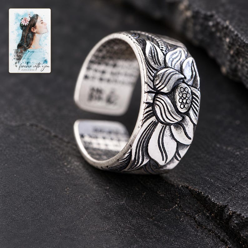 Lotus Flower Open Ring, shown against a dark background. A sample personalized digital greeting card is shown alongside.
