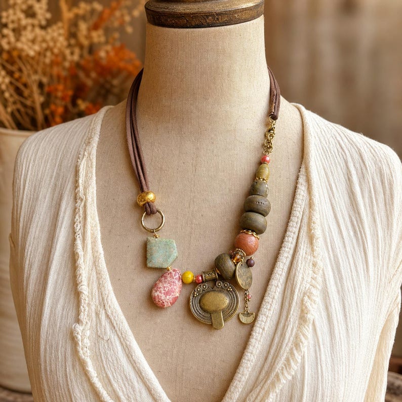 Gray and Brown Statement Beaded Necklace shown individually as a coordinating option for the mix and match necklace set
