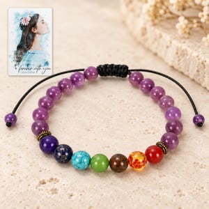 Violet Spectrum Cord Bracelet shown in a close macro view highlighting the visible texture, texture and construction details. A personalized digital greeting card is shown alongside.