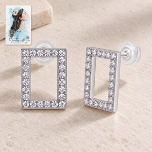 Rectangle Moissanite Stud Earrings, shown on a display surface. A sample personalized digital greeting card is shown alongside.