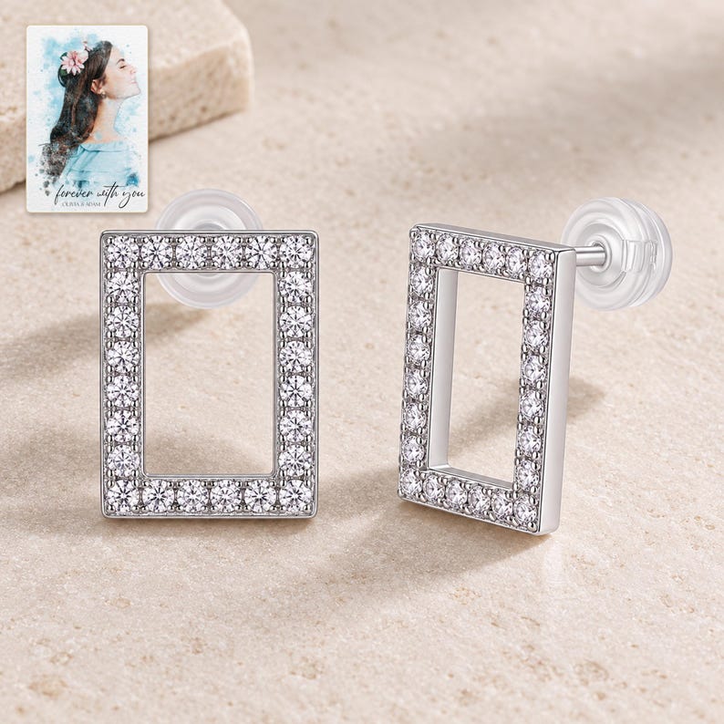 Rectangle Moissanite Stud Earrings, shown on a display surface. A sample personalized digital greeting card is shown alongside.