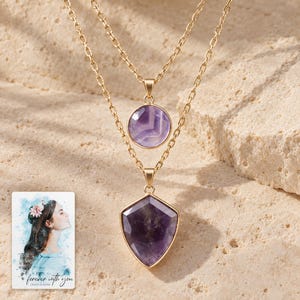 Layered Shield Necklace, hero view. A personalized digital greeting card is shown alongside.