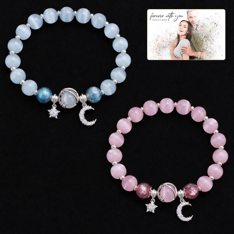 Starlit Moon Bead Bracelet shown during a warm gift-receiving moment between adults with the exact jewelry visible.