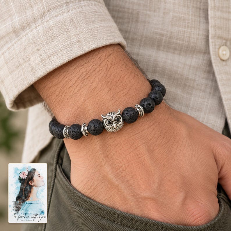 Black Lava Bead Bracelet, worn with daytime clothing. A sample personalized digital greeting card is shown alongside.